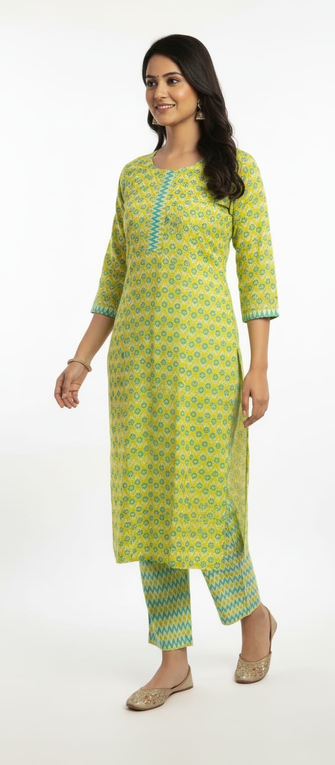 Aarini Block Print Cotton Kurta Set with Gotta Patti Neck Work