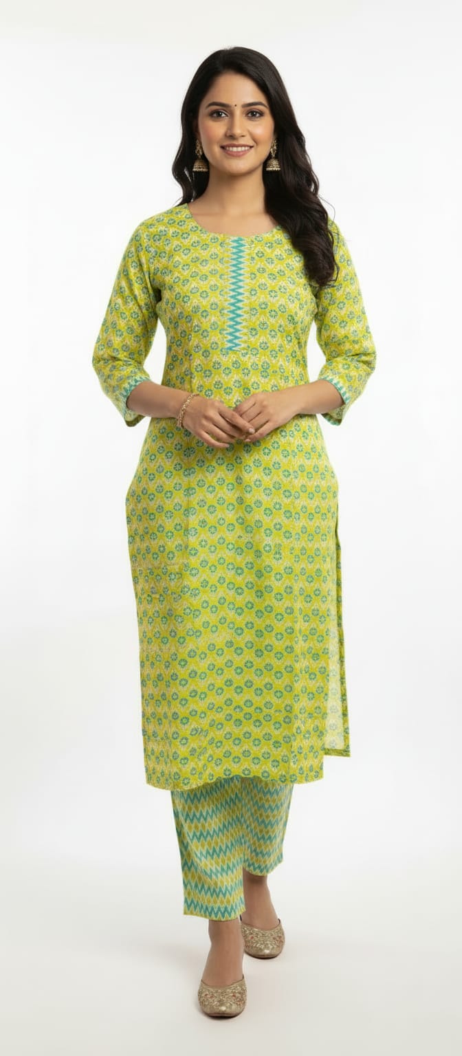 Aarini Block Print Cotton Kurta Set with Gotta Patti Neck Work