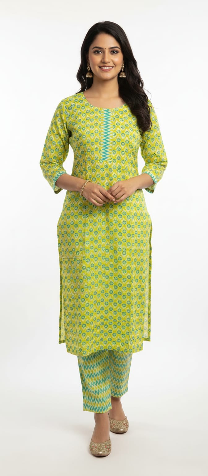 Aarini Block Print Cotton Kurta Set with Gotta Patti Neck Work