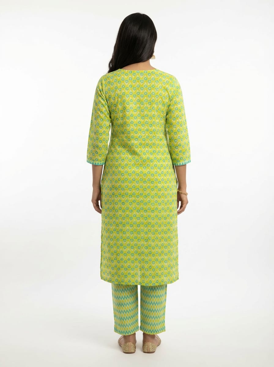 Aarini Block Print Cotton Kurta Set with Gotta Patti Neck Work