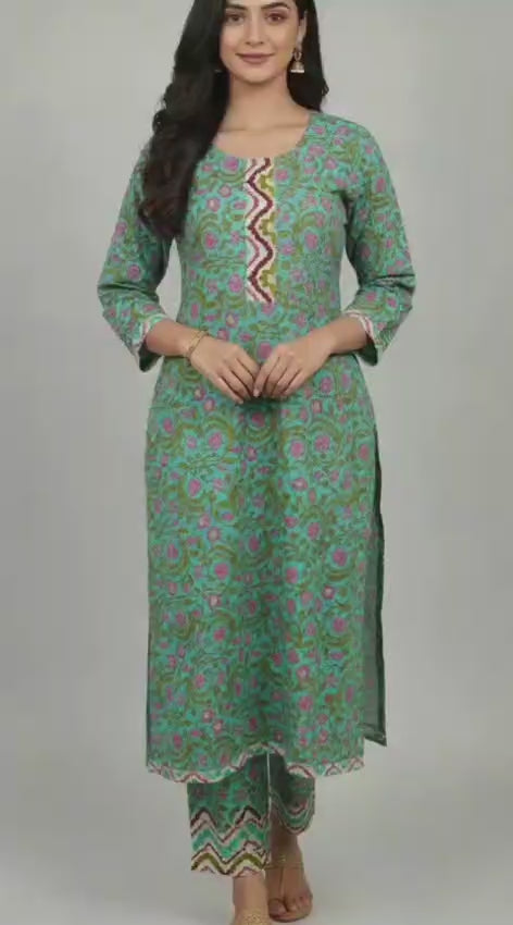 Aarini Block Print Cotton Kurta Set with Gotta Patti Neck Work